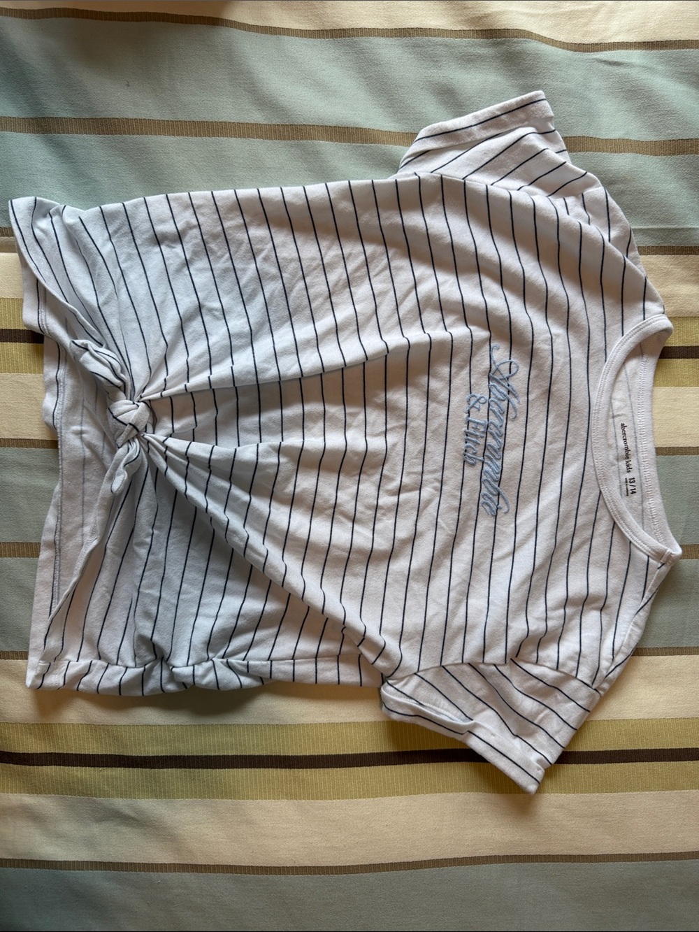 Girls Abercrombie Striped Knot Front Tee in White and Navy